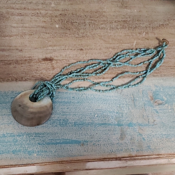 Blue Multi-Strand seed bead Necklace with Elegant mother of pearl Pendant - Picture 1 of 4